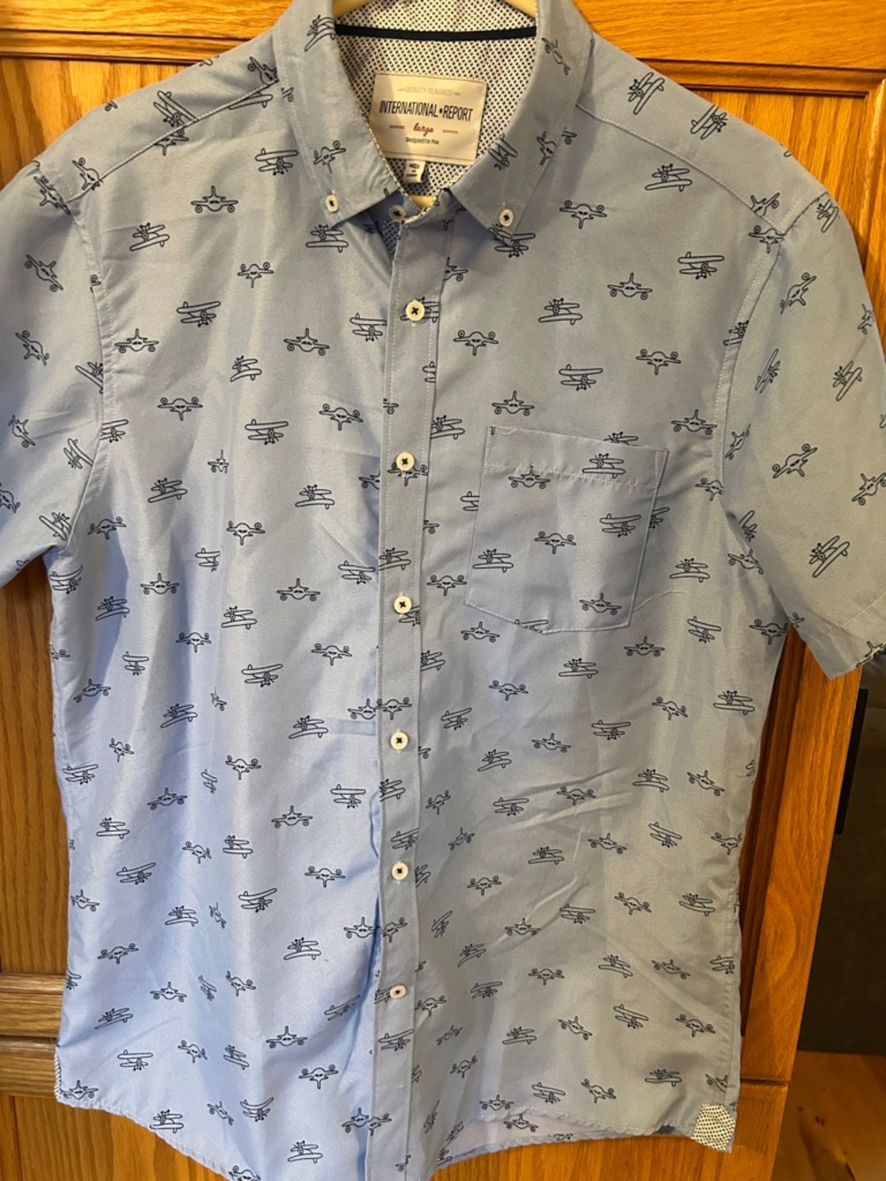 Short-Sleeve Button-Down Shirt in Light Blue with Plane Print